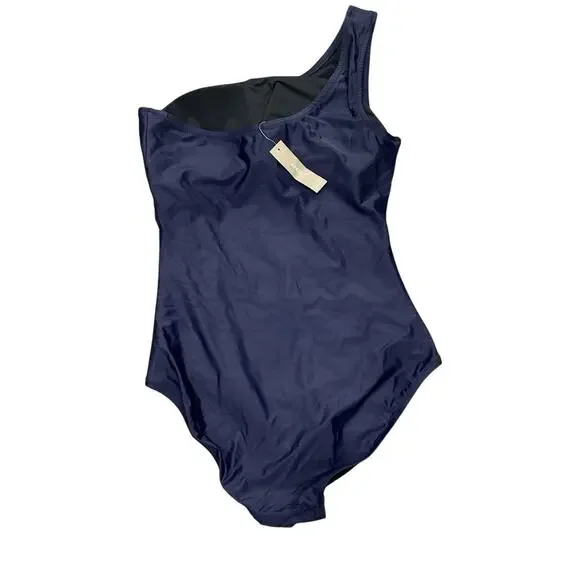 J. Crew Sz 12 Navy Blue Sleek Ruched One Shoulder Swimsuit One Piece Full Seat